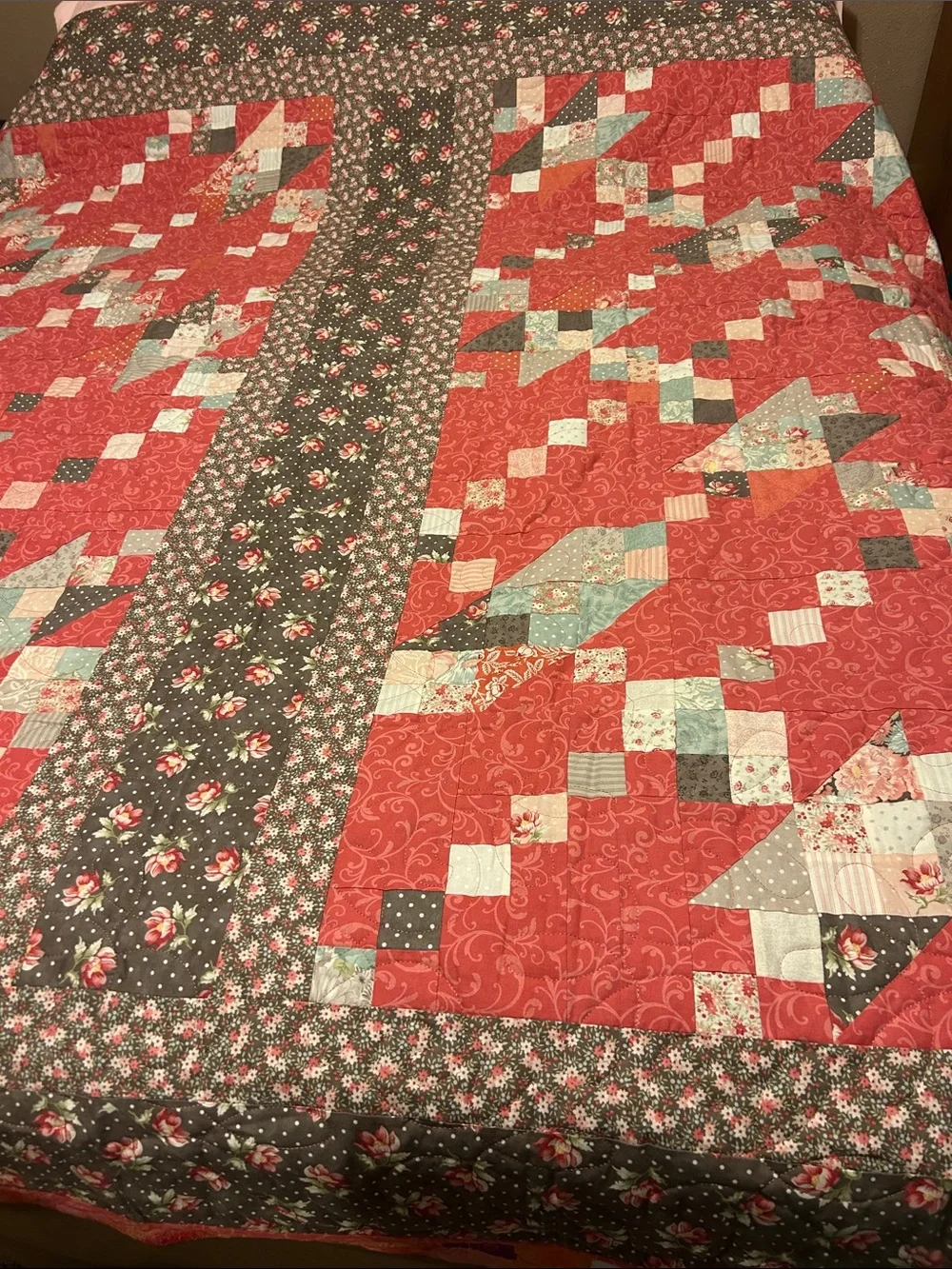 ONE OF A KIND - HANDCRAFTED Coral and Gray Quilt - Floral